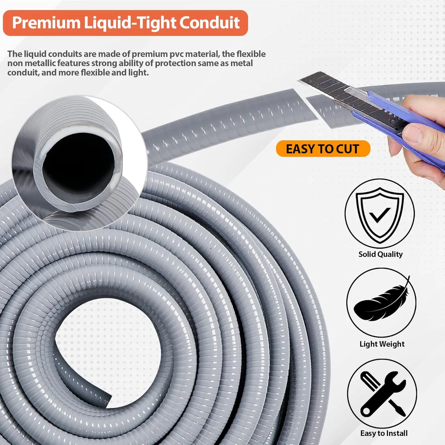 Liquid-Tight Conduit 100 ft and 10 Pieces of Connector Kit, Electrical Conduit 3/4 100ft w/UL Certification, Flexible Conduit with 5 Straight and 5 90-Degree Conduit Connector Fittings
