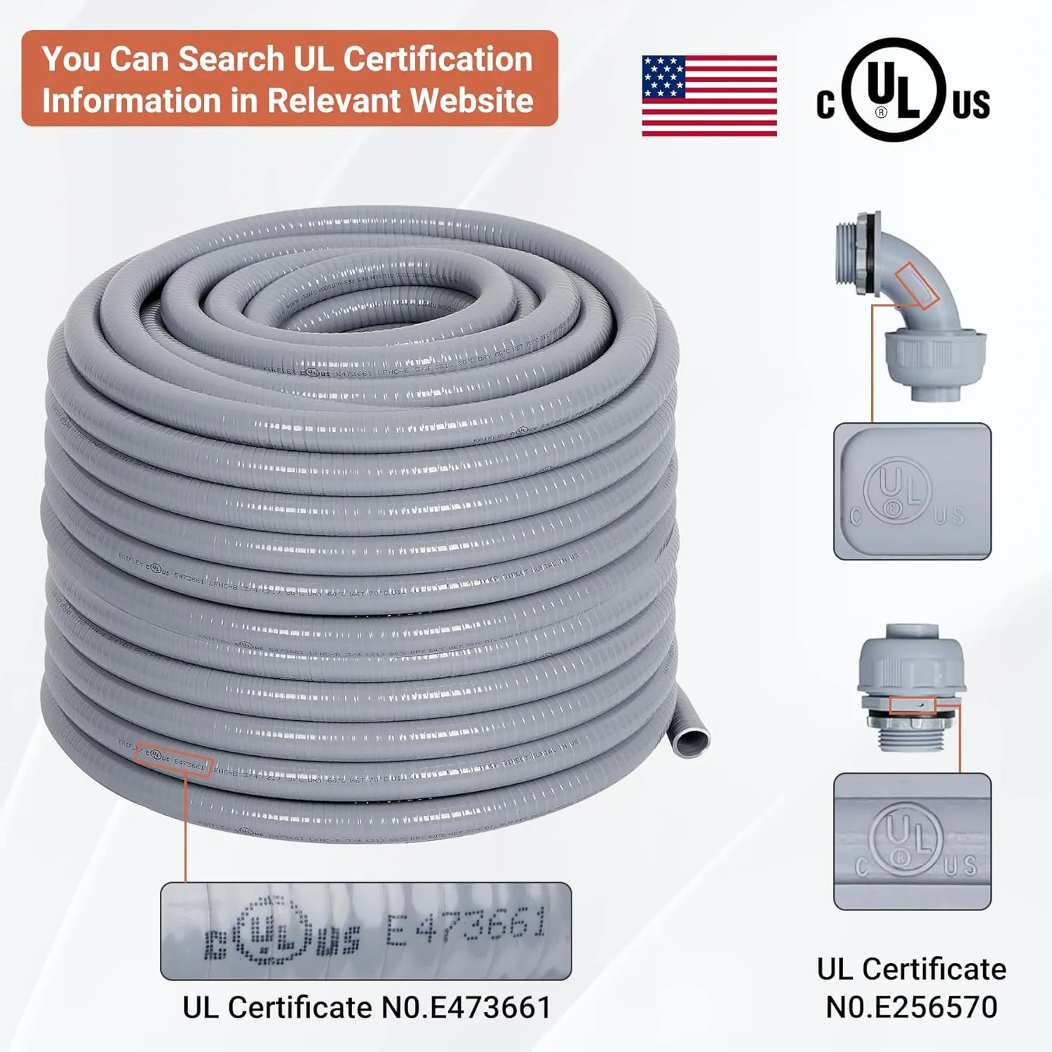 Liquid-Tight Conduit 100 ft and 10 Pieces of Connector Kit, Electrical Conduit 3/4 100ft w/UL Certification, Flexible Conduit with 5 Straight and 5 90-Degree Conduit Connector Fittings