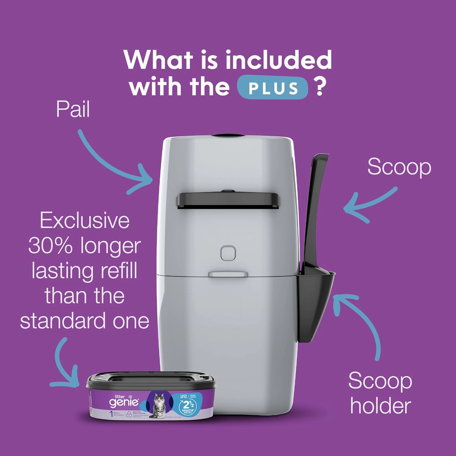 Litter Genie Plus Pail (Silver) | Cat Litter Box Waste Disposal System for Odor Control | Includes 1 Square Refill Bag