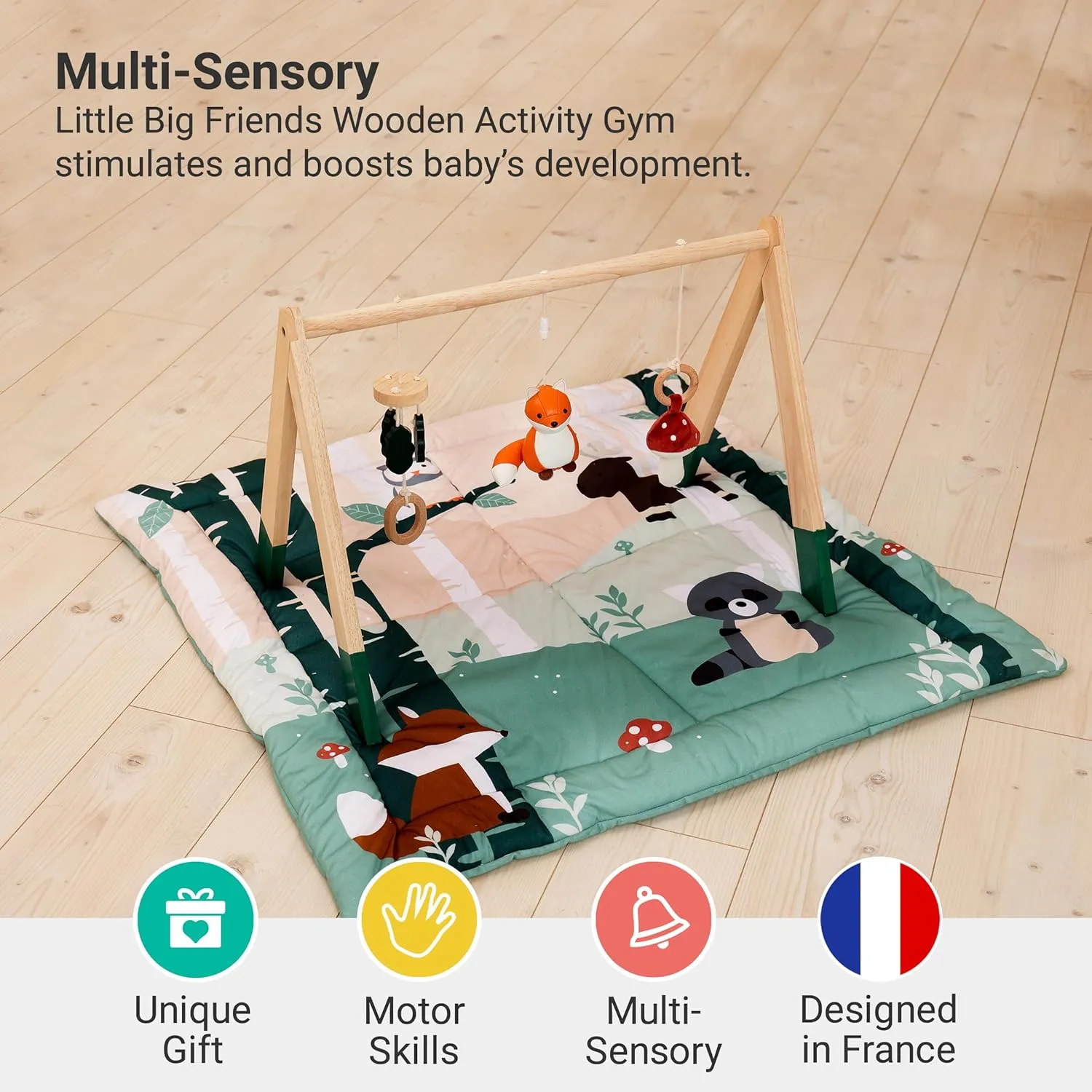 Little Big Friends Wooden Activity Gym | Montessori Toy Encourages Early Motor Skills | Forest