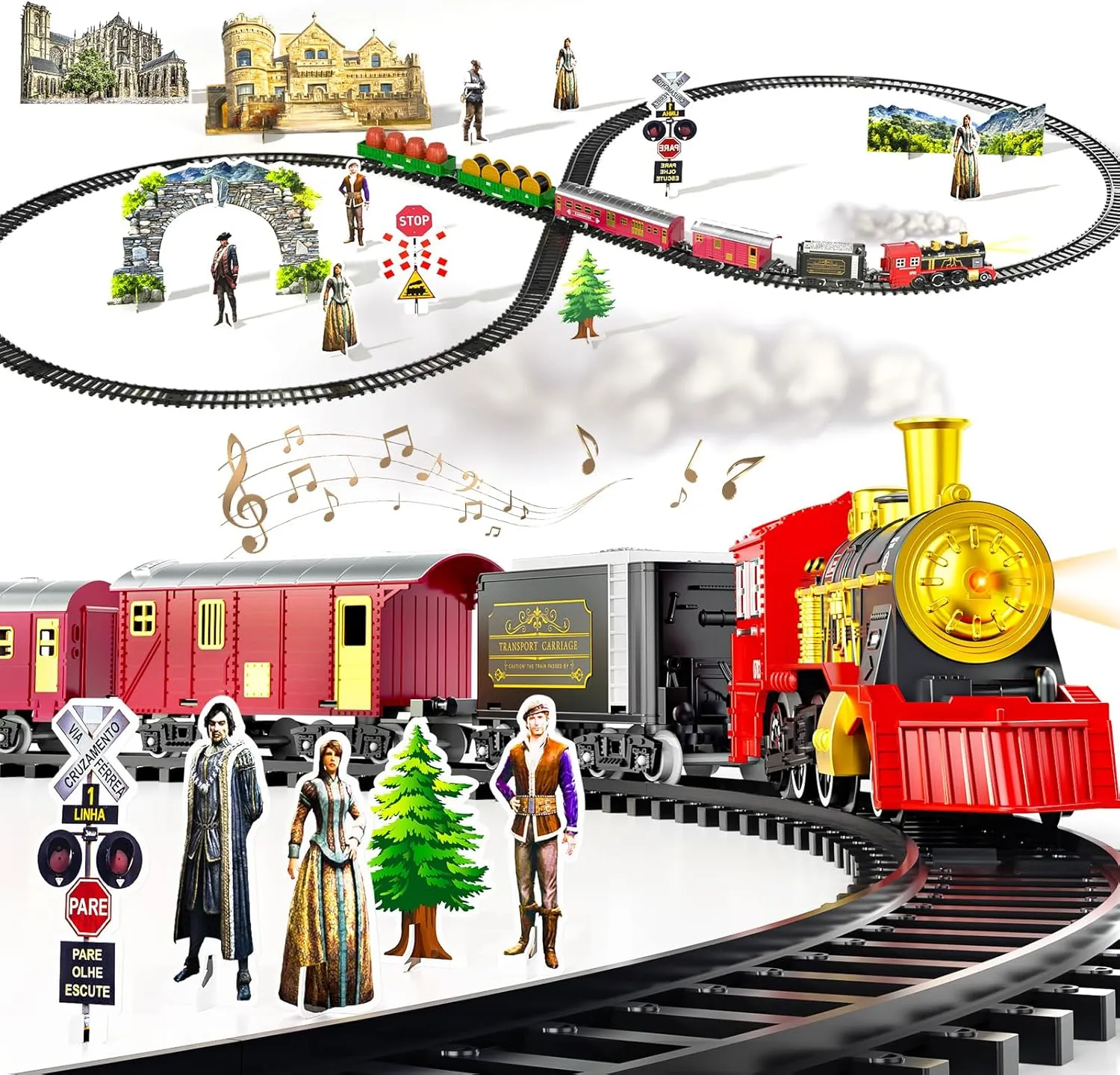 Locomoto Train Set - Train Toys for Boys Girls w/Smoke, Light & Sounds, Railway Kits, Toy Train w/Steam Locomotive Engine, Carriages, Cargo Car & Tracks, for 3 4 5 6 7  Year Old Kids