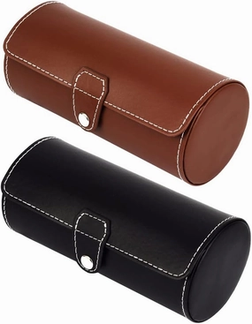 LOGOFUN 2PCS Velvet Lined PU Leather Watch Storage Box Cylindrical Jewelry Organizer for Women Necklace Travel Supplies - Black & Brown
