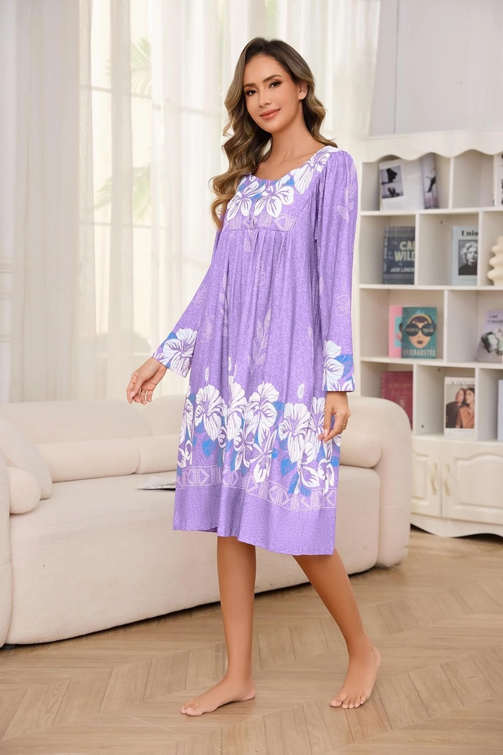 Long Sleeve Nightgowns for Women House Dresses Floral Print Moo Moos for Women with Pockets Mumu Moomoo Dresses