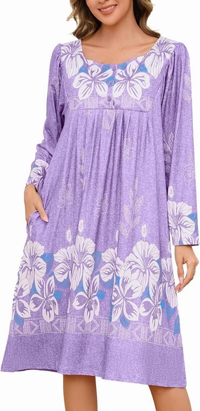 Long Sleeve Nightgowns for Women House Dresses Floral Print Moo Moos for Women with Pockets Mumu Moomoo Dresses