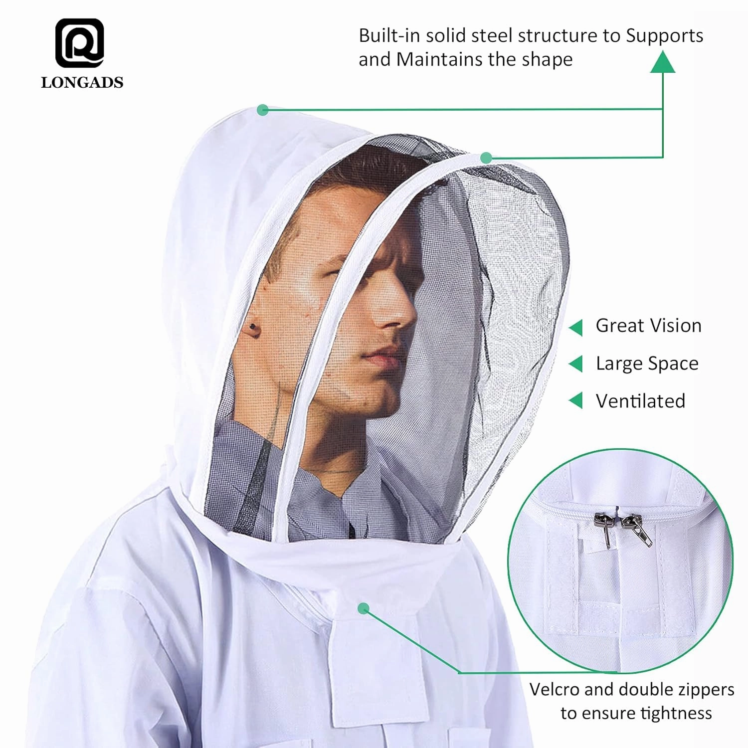 LONGADS Professional Bee Suit for Men Women, Beekeeping Suit Beekeeper Suit with Glove &Ventilated Hood, Multi-Size Bee Outfit for Backyard and Bee Keeper for Bee Keeper Catcher Christmas Costume
