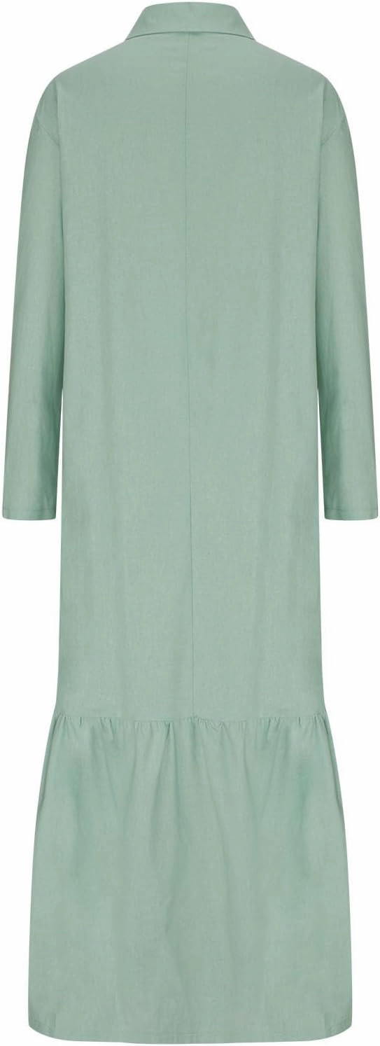 Lpmadey Women's Summer Maxi Dress Casual Plus Size V Neck Button Down Roll Up Sleeve Ruffle Hem Linen Beach Flowy Dresses