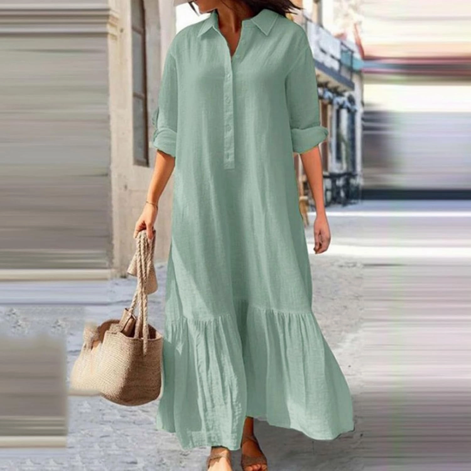Lpmadey Women's Summer Maxi Dress Casual Plus Size V Neck Button Down Roll Up Sleeve Ruffle Hem Linen Beach Flowy Dresses
