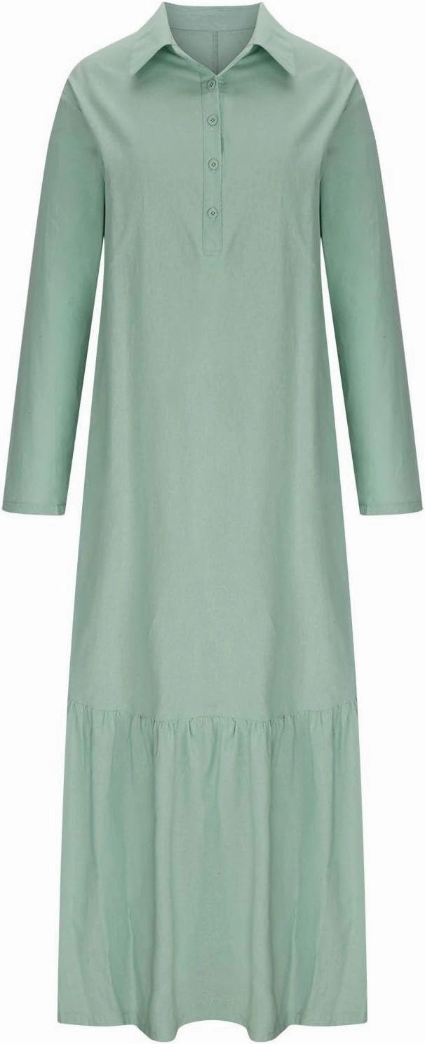 Lpmadey Women's Summer Maxi Dress Casual Plus Size V Neck Button Down Roll Up Sleeve Ruffle Hem Linen Beach Flowy Dresses