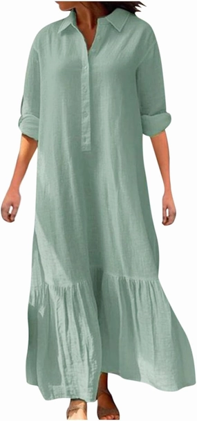 Lpmadey Women's Summer Maxi Dress Casual Plus Size V Neck Button Down Roll Up Sleeve Ruffle Hem Linen Beach Flowy Dresses