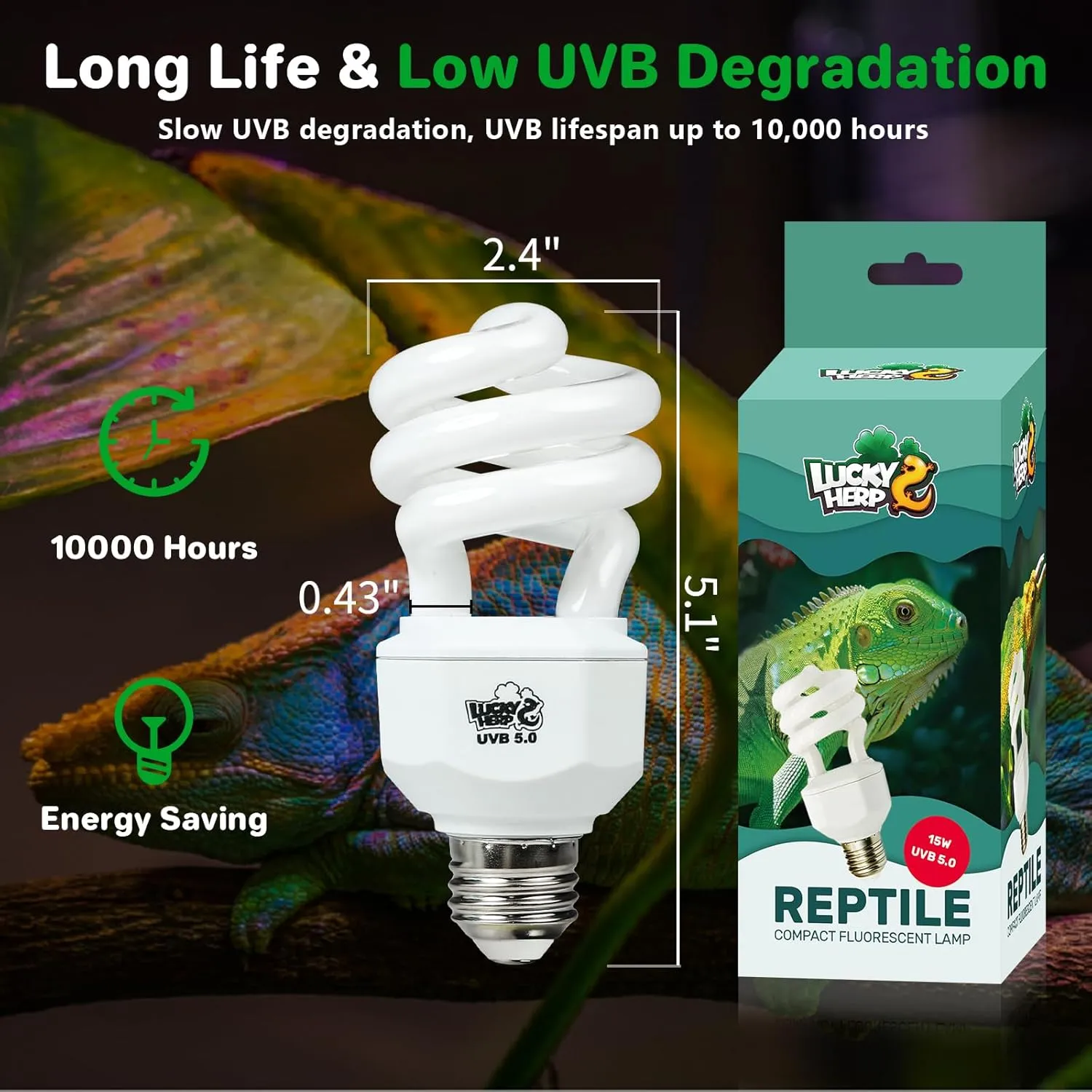 LUCKY HERP UVA UVB Reptile Light 5.0, Tropical UVB 100 Compact Fluorescent Lamp, UVB Light for Reptiles 15W, UVA UVB Reptile Light Bulb, UVB Bulb for Reptiles Chameleons Lizards Tortoises Snakes