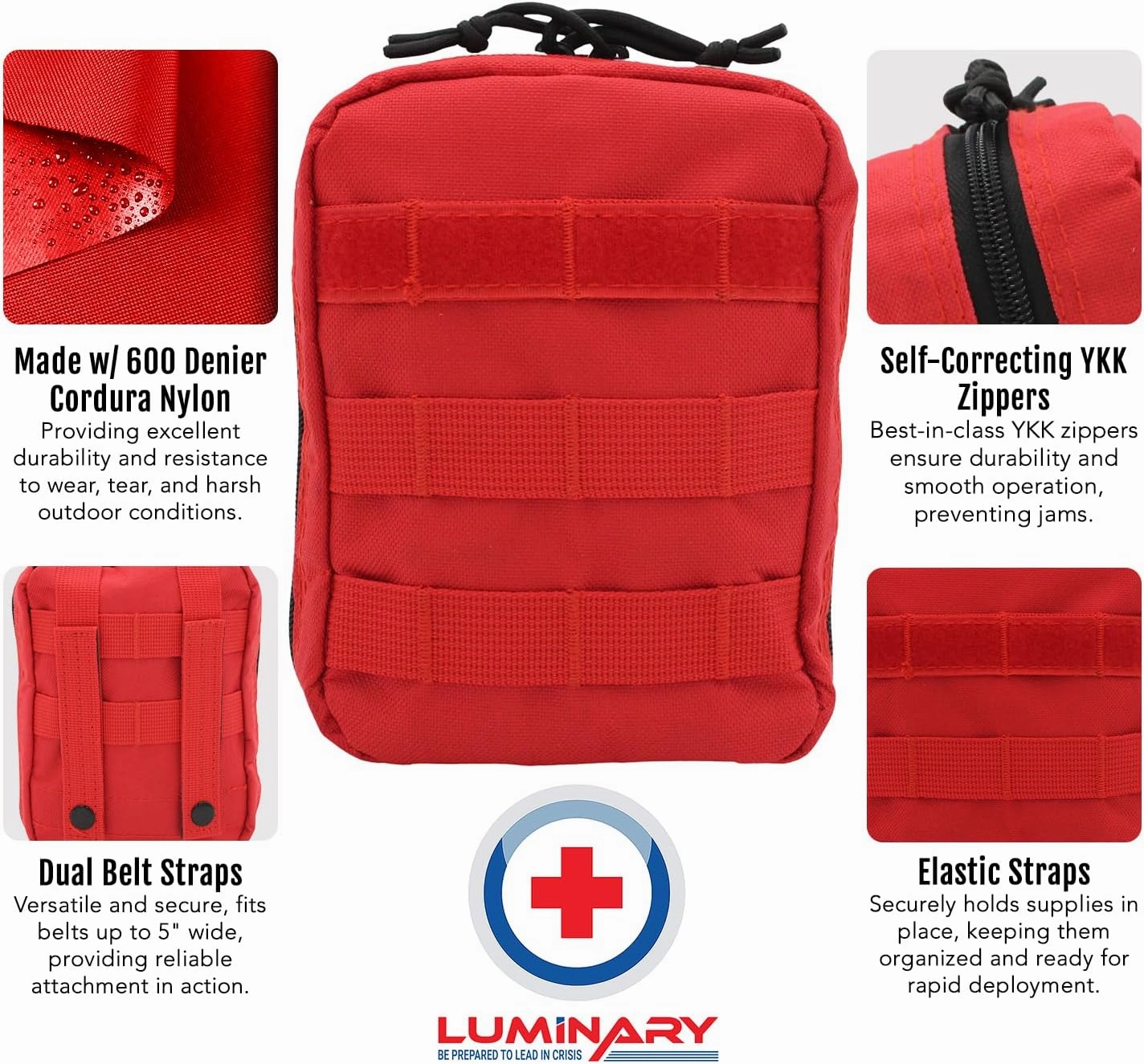 Luminary Squad IFAK Tactical Trauma Kit for First Responders, Military & Tactical Pro – Compact MOLLE First Aid Kit, Water-Resistant 600D Cordura, Durable YKK Zippers, for Emergencies - Red