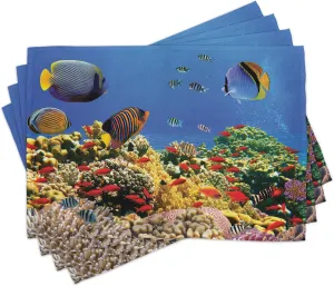 Lunarable Ocean Place Mats Set of 4, Submerged Colorful Coral Colony on Reef Exotic Fishes Tranquil Shallow Sea Picture, Washable Fabric Placemats for Dining Room Kitchen Table Decor, Multicolor
