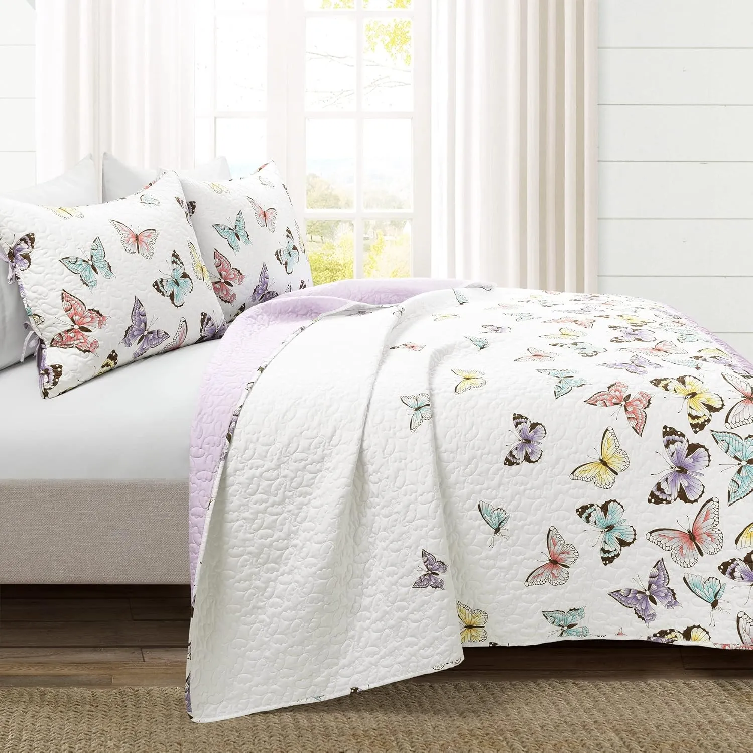 Lush Decor Flutter Butterfly 3-Piece Quilt Set, Cute Quilted Bedspread, Lilac, Full/Queen