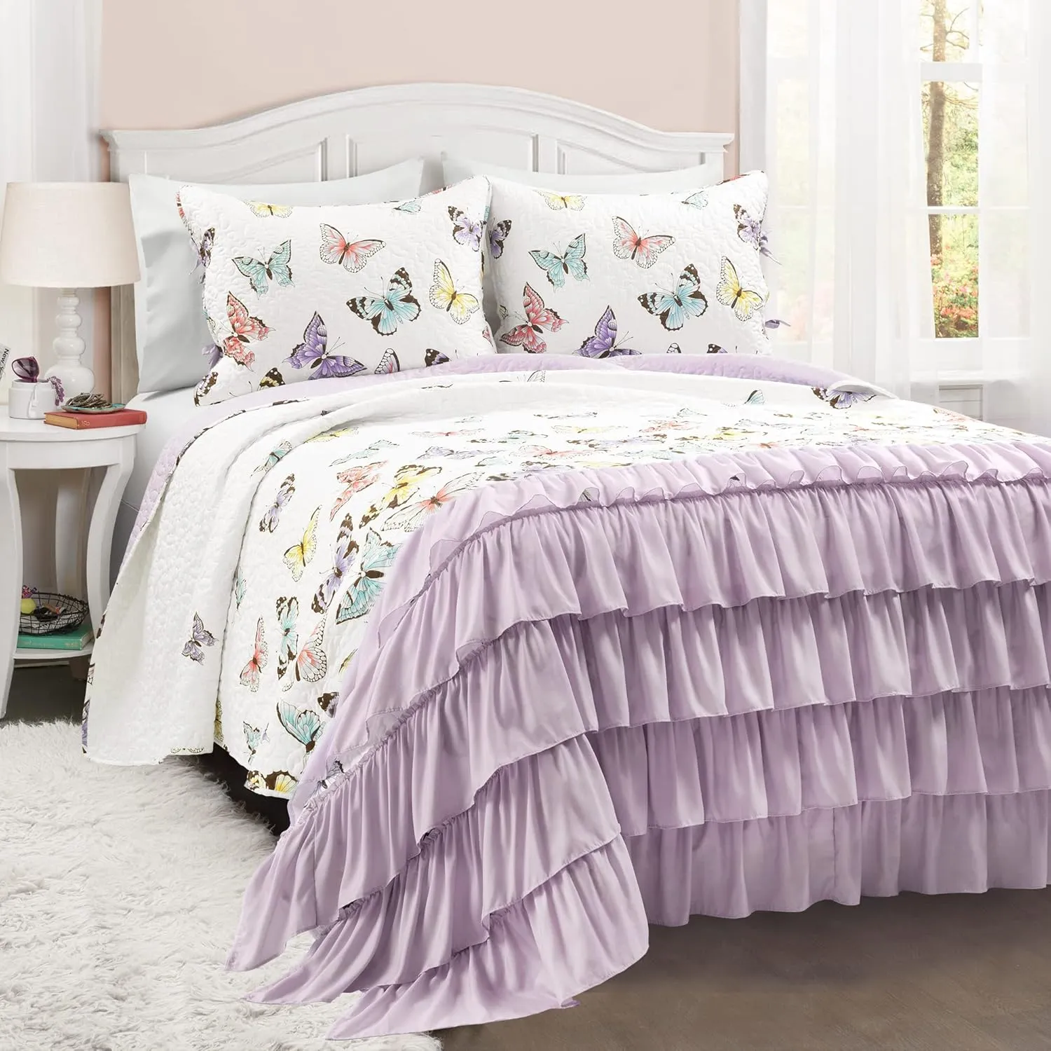Lush Decor Flutter Butterfly 3-Piece Quilt Set, Cute Quilted Bedspread, Lilac, Full/Queen