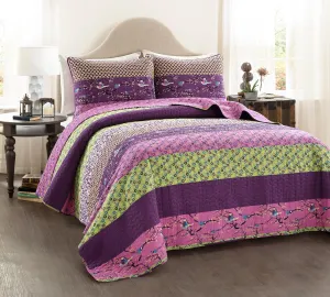 Lush Decor Royal Empire Reversible Cotton Quilt Set - 3 Piece Striped Bedding Set - Bold & Colorful Bohemian Patterns - Soft Cotton Feel - Full/ Queen, Plum