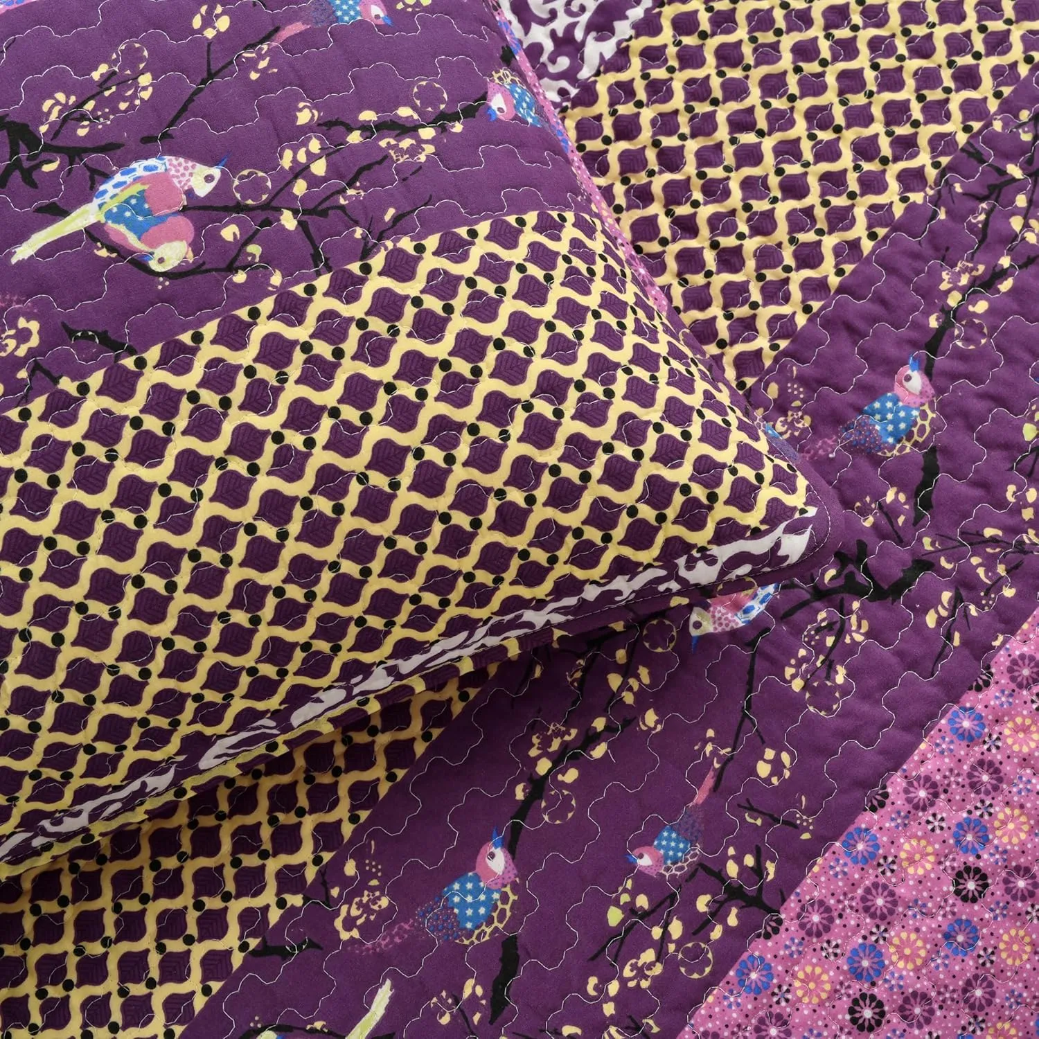 Lush Decor Royal Empire Reversible Cotton Quilt Set - 3 Piece Striped Bedding Set - Bold & Colorful Bohemian Patterns - Soft Cotton Feel - Full/ Queen, Plum