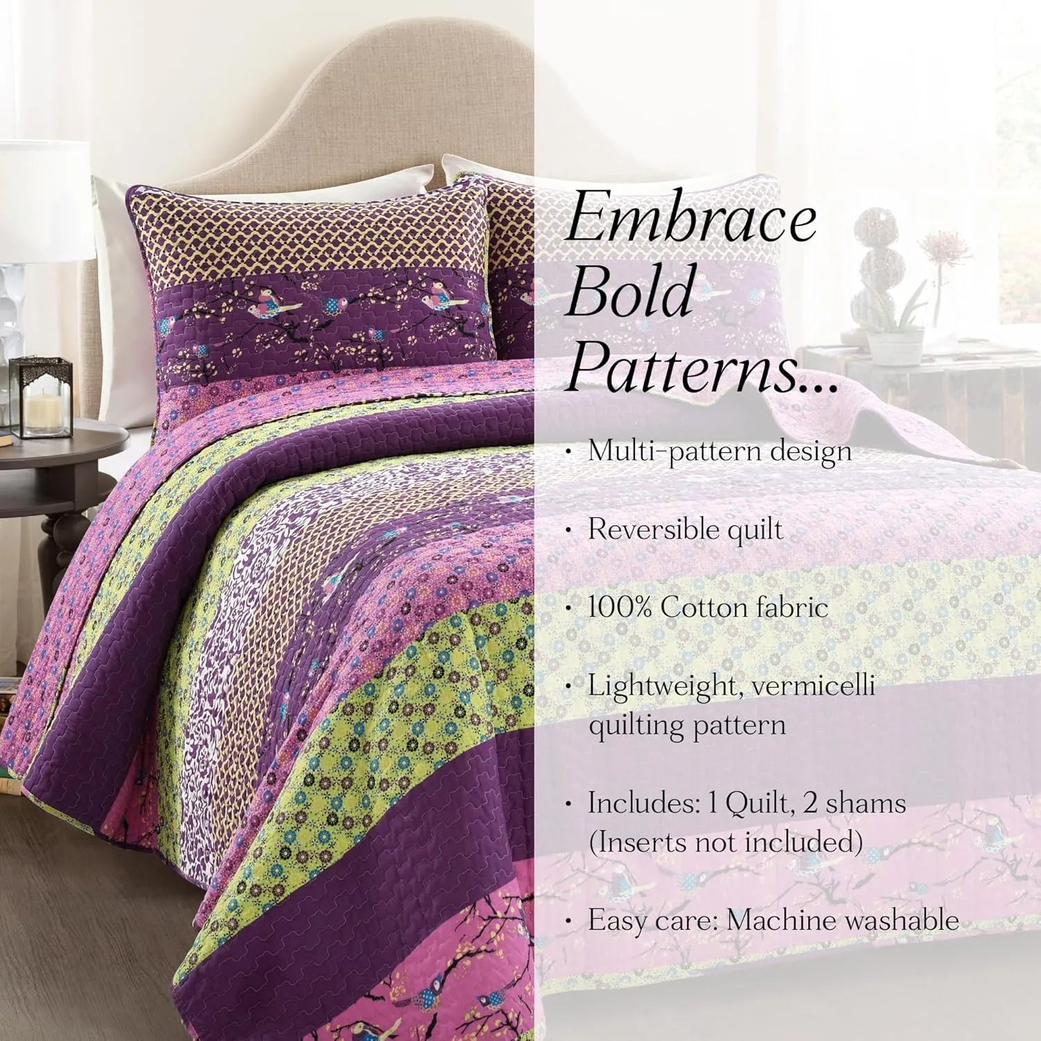 Lush Decor Royal Empire Reversible Cotton Quilt Set - 3 Piece Striped Bedding Set - Bold & Colorful Bohemian Patterns - Soft Cotton Feel - Full/ Queen, Plum