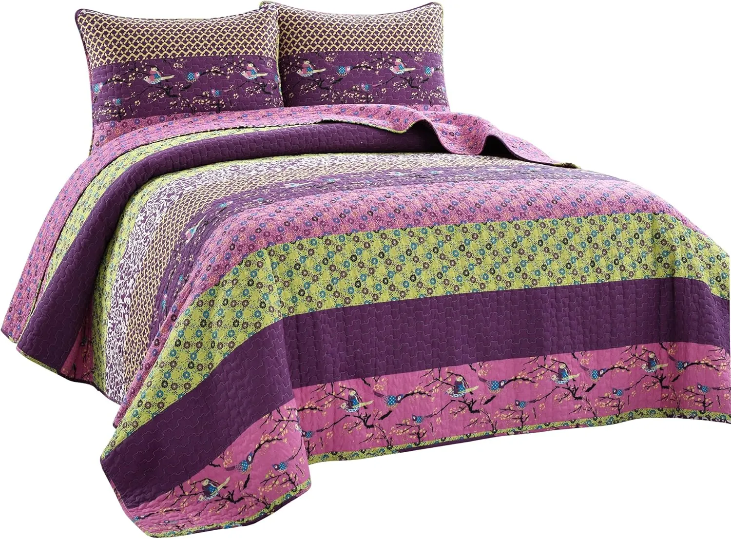 Lush Decor Royal Empire Reversible Cotton Quilt Set - 3 Piece Striped Bedding Set - Bold & Colorful Bohemian Patterns - Soft Cotton Feel - Full/ Queen, Plum