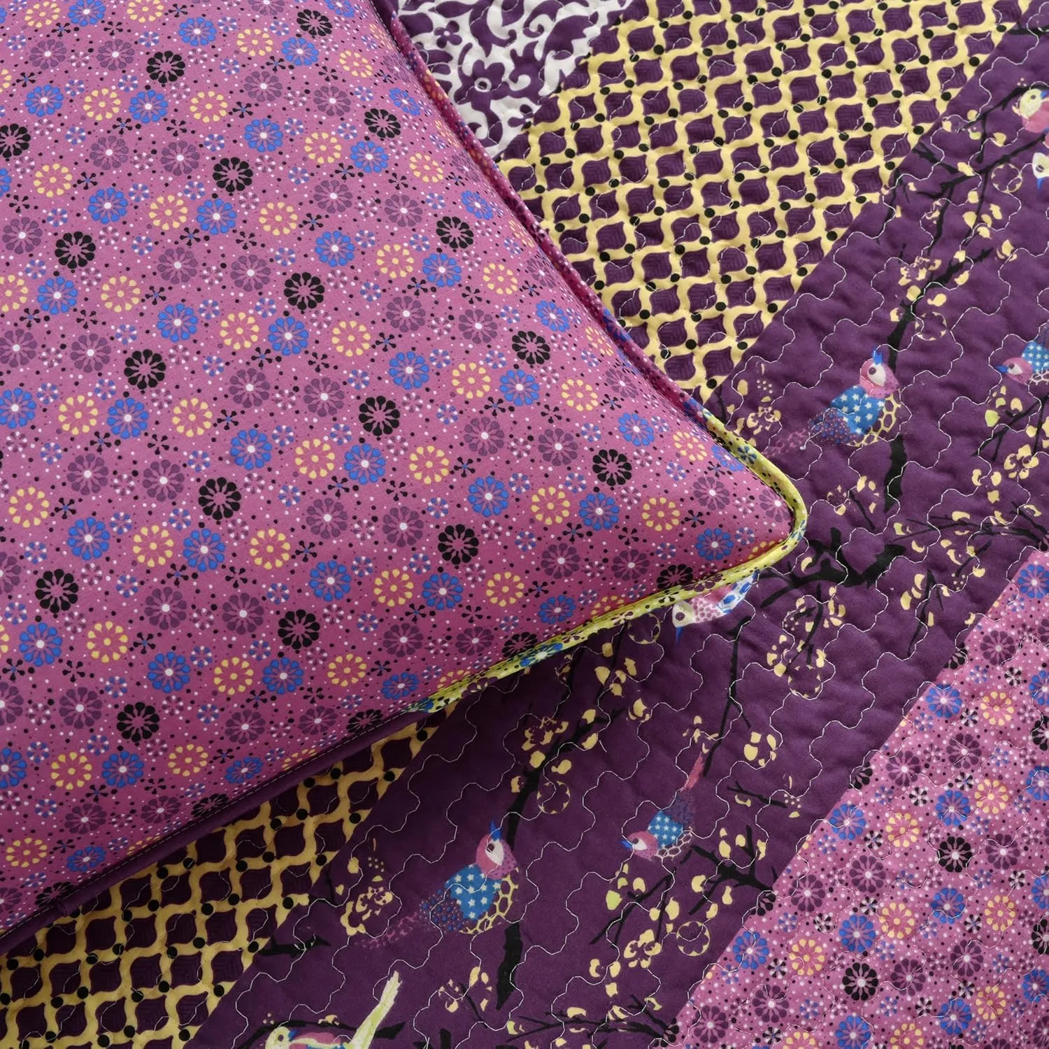 Lush Decor Royal Empire Reversible Cotton Quilt Set - 3 Piece Striped Bedding Set - Bold & Colorful Bohemian Patterns - Soft Cotton Feel - Full/ Queen, Plum