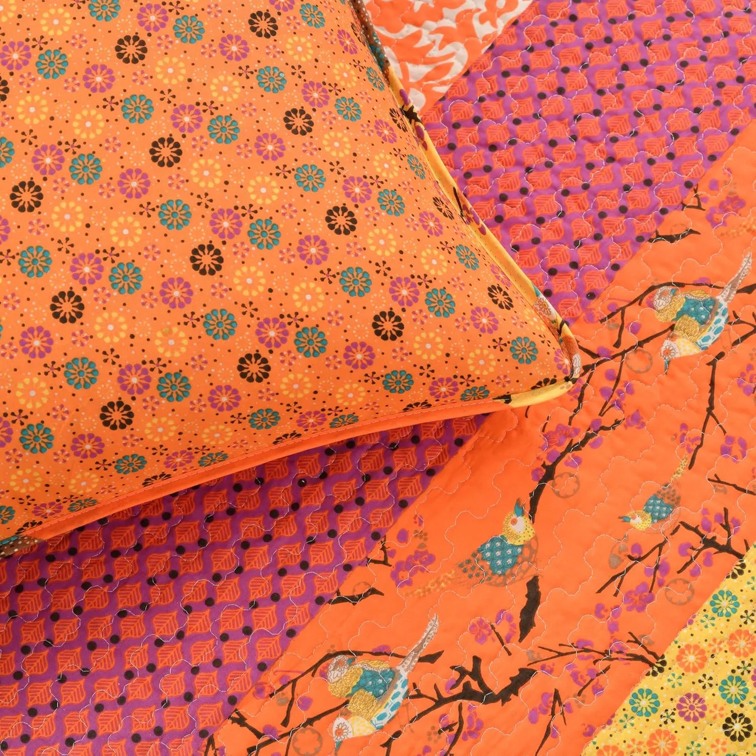 Lush Decor Royal Empire Reversible Cotton Quilt Set - 3 Piece Striped Bedding Set - Bold & Colorful Bohemian Patterns - Soft Cotton Feel - Full/ Queen, Tangerine