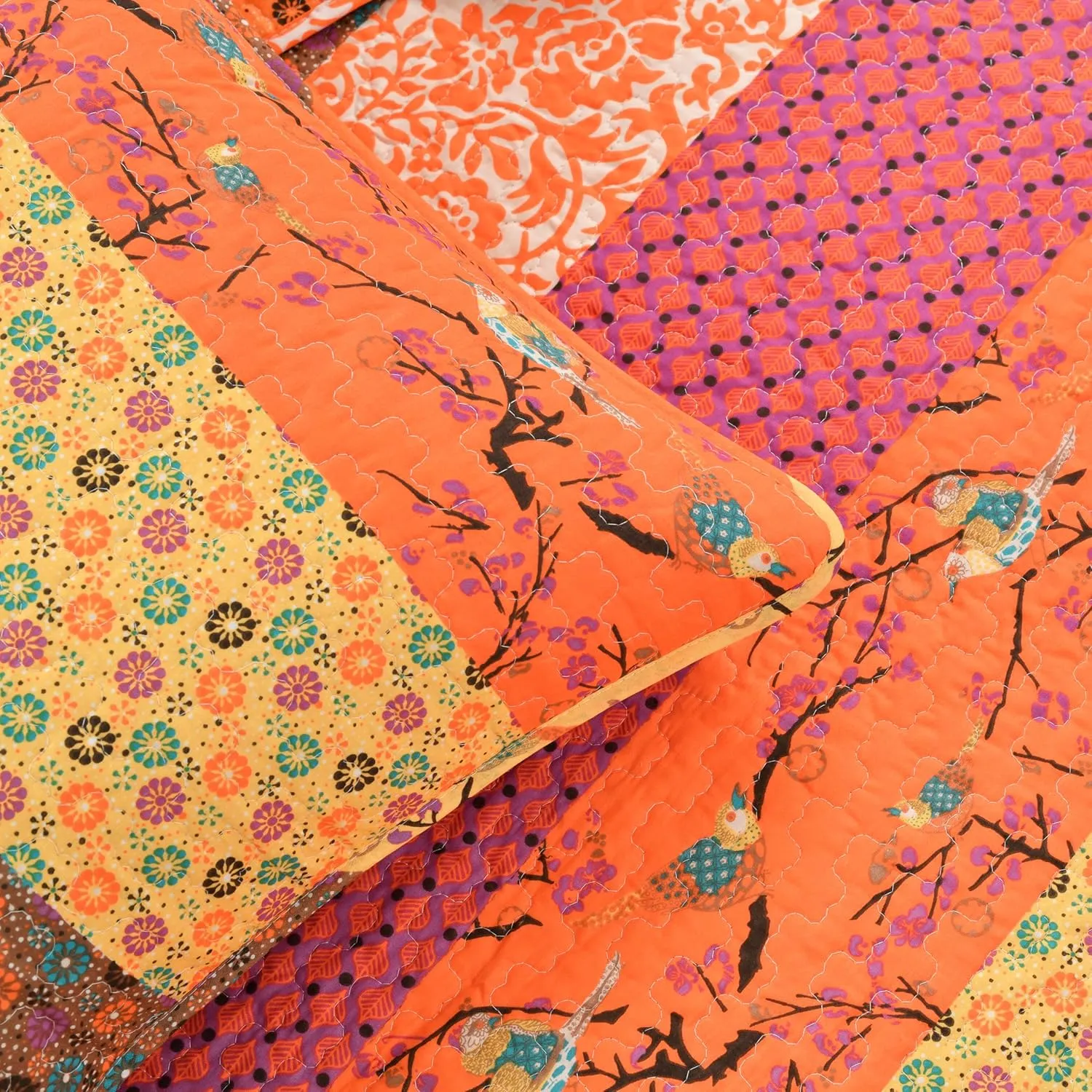 Lush Decor Royal Empire Reversible Cotton Quilt Set - 3 Piece Striped Bedding Set - Bold & Colorful Bohemian Patterns - Soft Cotton Feel - Full/ Queen, Tangerine