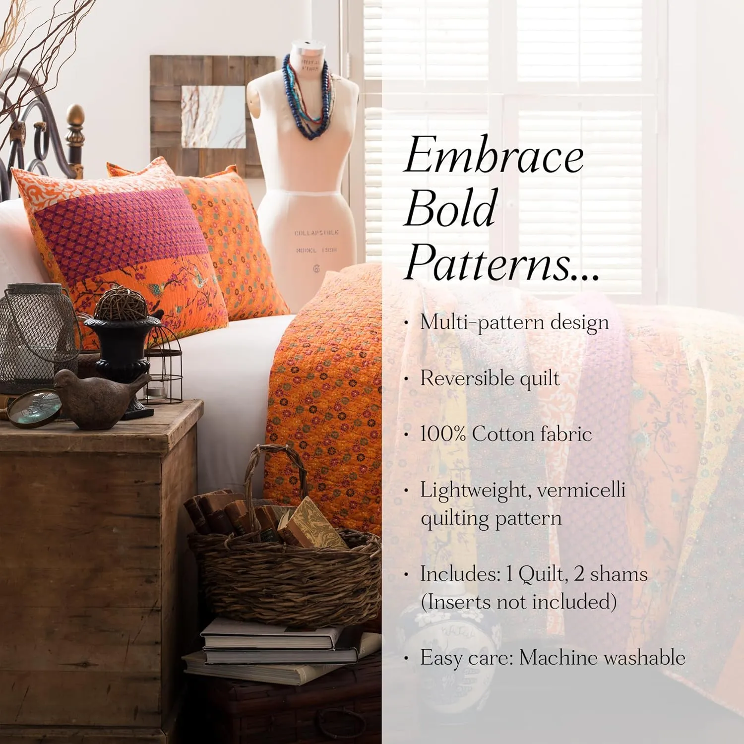 Lush Decor Royal Empire Reversible Cotton Quilt Set - 3 Piece Striped Bedding Set - Bold & Colorful Bohemian Patterns - Soft Cotton Feel - Full/ Queen, Tangerine