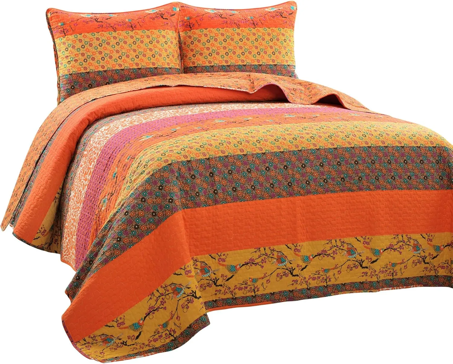 Lush Decor Royal Empire Reversible Cotton Quilt Set - 3 Piece Striped Bedding Set - Bold & Colorful Bohemian Patterns - Soft Cotton Feel - Full/ Queen, Tangerine