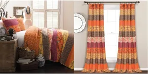 Lush Decor Royal Empire Reversible Cotton Quilt Set - 3 Piece Striped Bedding Set - Full/Queen & Royal Empire Light Filtering Window Curtain Panels