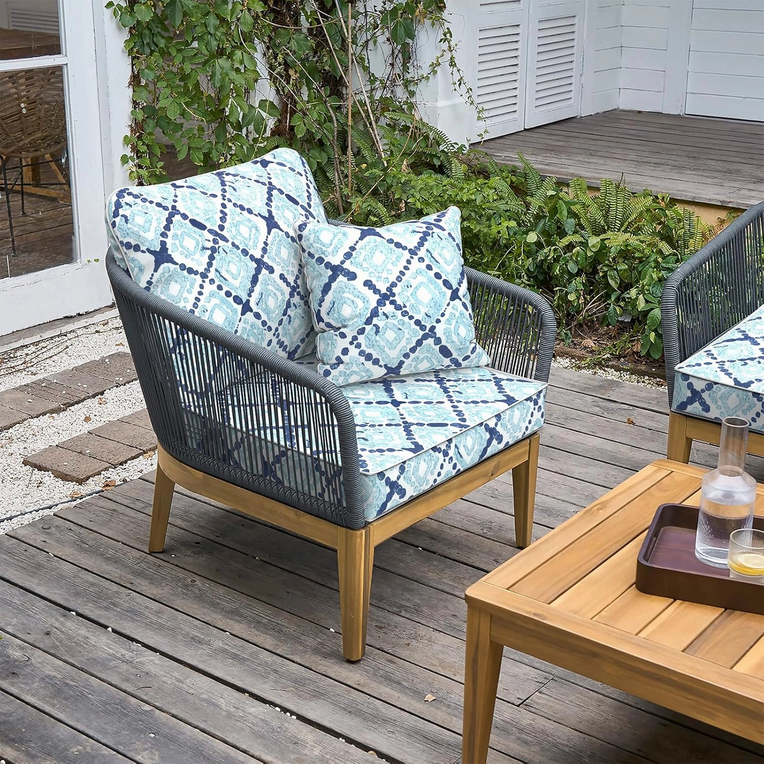 LVTXIII Outdoor Deep Seat Cushion Patio Seat and Back Cushion Set Seasonal Chair Cushion with Removable Cover and Adjustable Buckle for Home and Garden, 24"x24"x4", Boho Geometry Blue