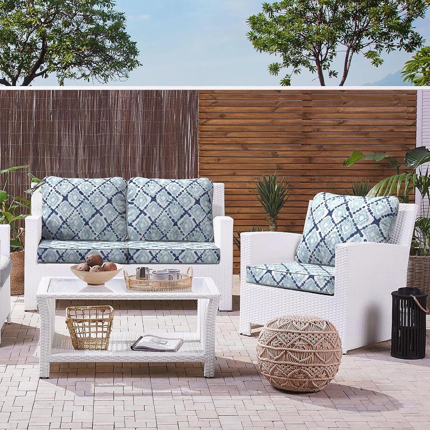 LVTXIII Outdoor Deep Seat Cushion Patio Seat and Back Cushion Set Seasonal Chair Cushion with Removable Cover and Adjustable Buckle for Home and Garden, 24"x24"x4", Boho Geometry Blue