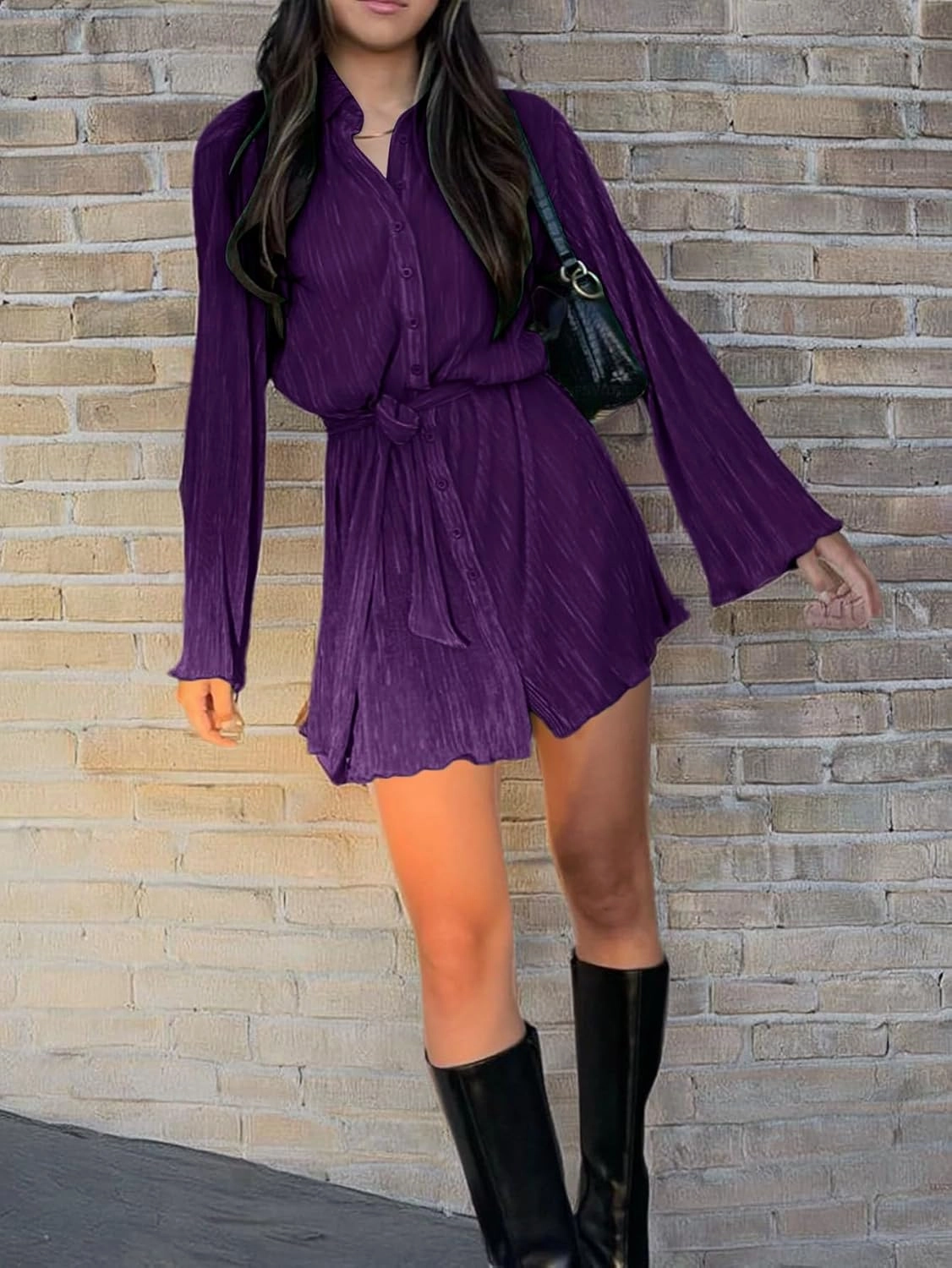 LYANER Women's Collar V Neck Button Down Pleated Long Sleeve Mini Shirt Dress with Belt