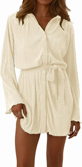 LYANER Women's Collar V Neck Button Down Pleated Long Sleeve Mini Shirt Dress with Belt