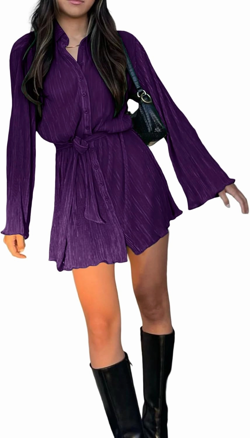 LYANER Women's Collar V Neck Button Down Pleated Long Sleeve Mini Shirt Dress with Belt