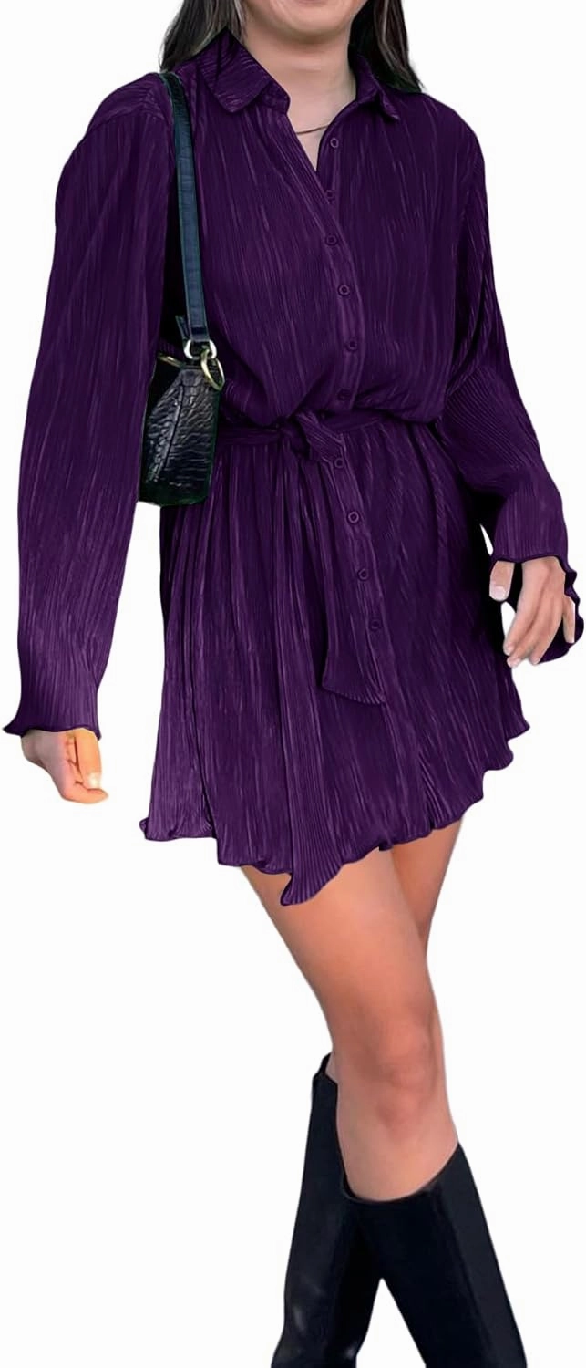 LYANER Women's Collar V Neck Button Down Pleated Long Sleeve Mini Shirt Dress with Belt