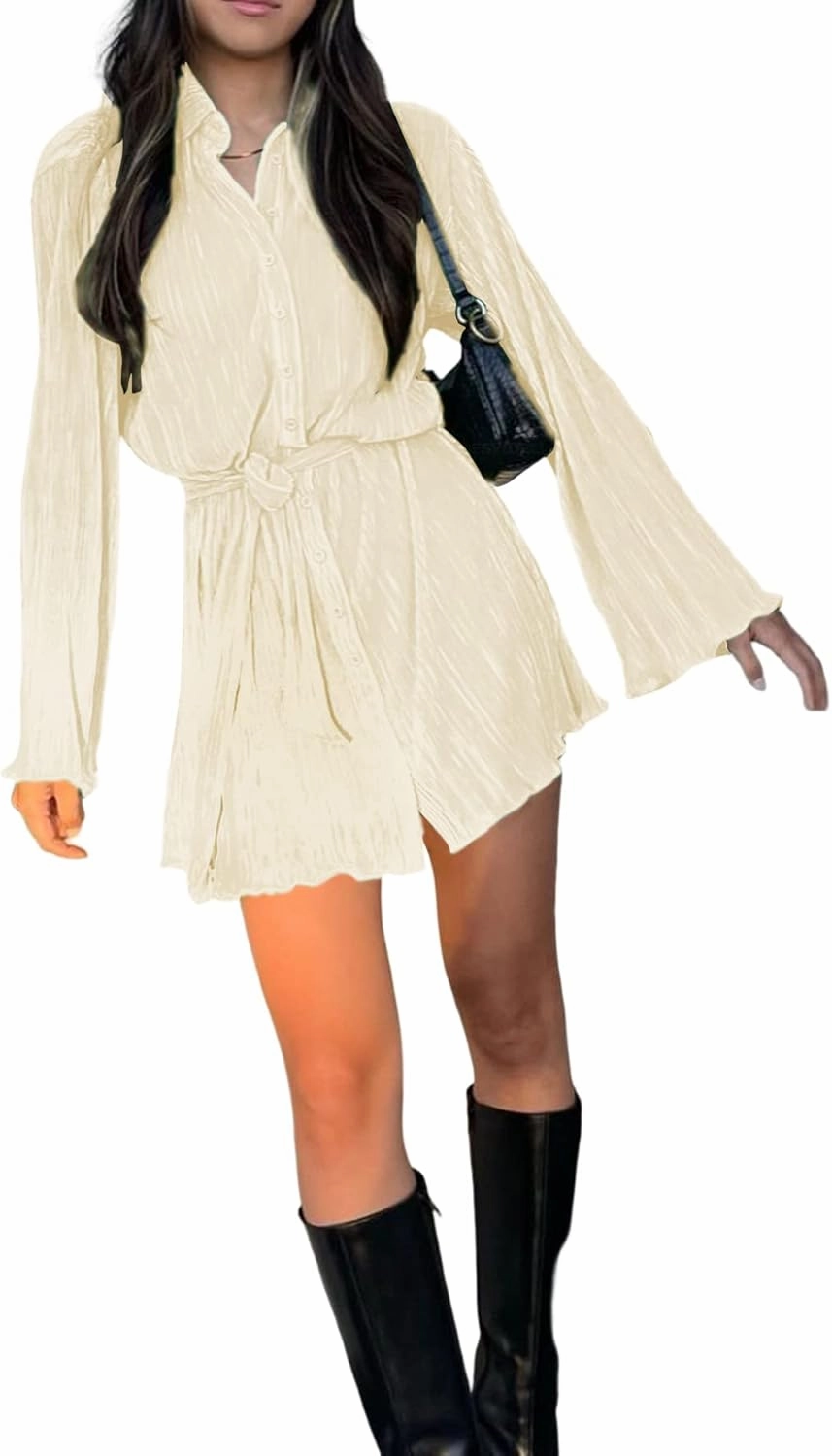 LYANER Women's Collar V Neck Button Down Pleated Long Sleeve Mini Shirt Dress with Belt