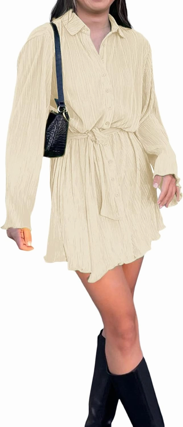 LYANER Women's Collar V Neck Button Down Pleated Long Sleeve Mini Shirt Dress with Belt