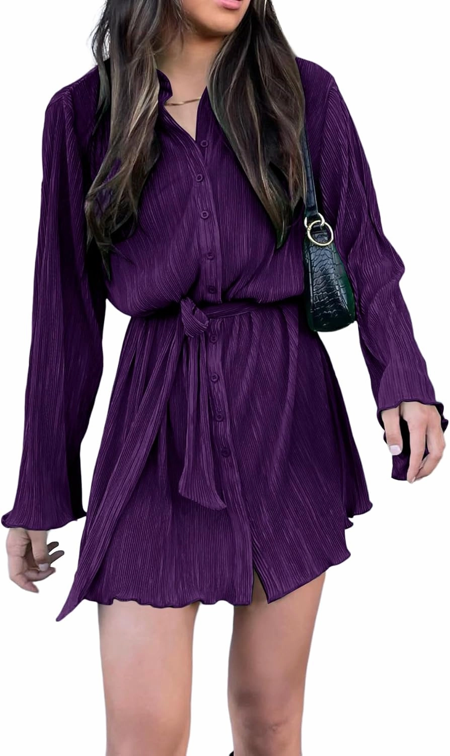 LYANER Women's Collar V Neck Button Down Pleated Long Sleeve Mini Shirt Dress with Belt