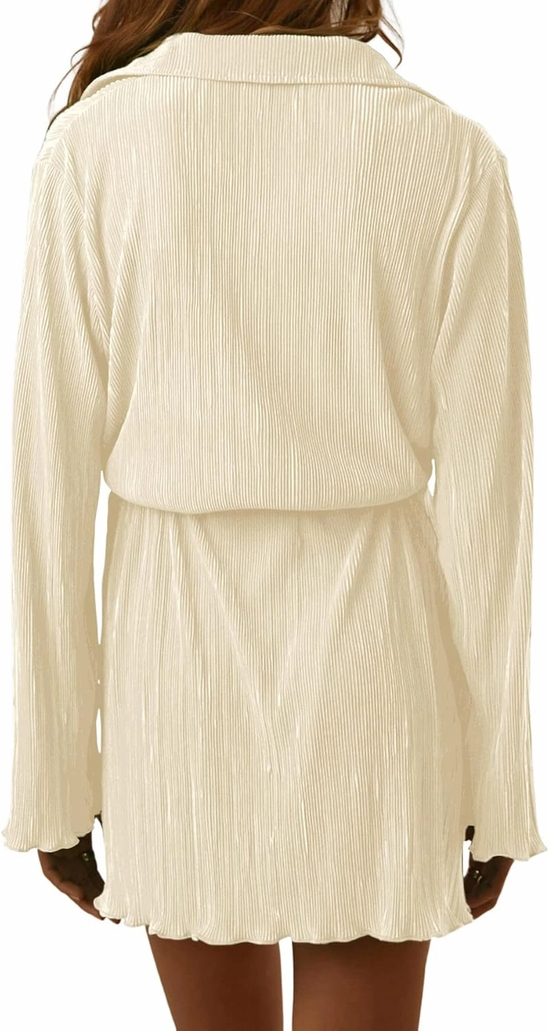 LYANER Women's Collar V Neck Button Down Pleated Long Sleeve Mini Shirt Dress with Belt