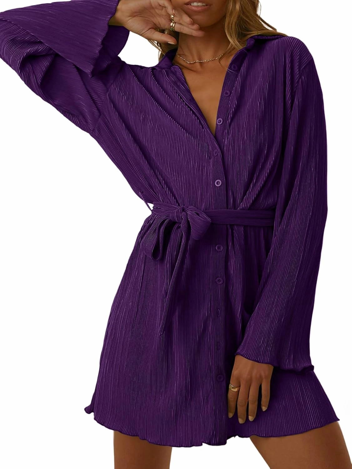 LYANER Women's Collar V Neck Button Down Pleated Long Sleeve Mini Shirt Dress with Belt