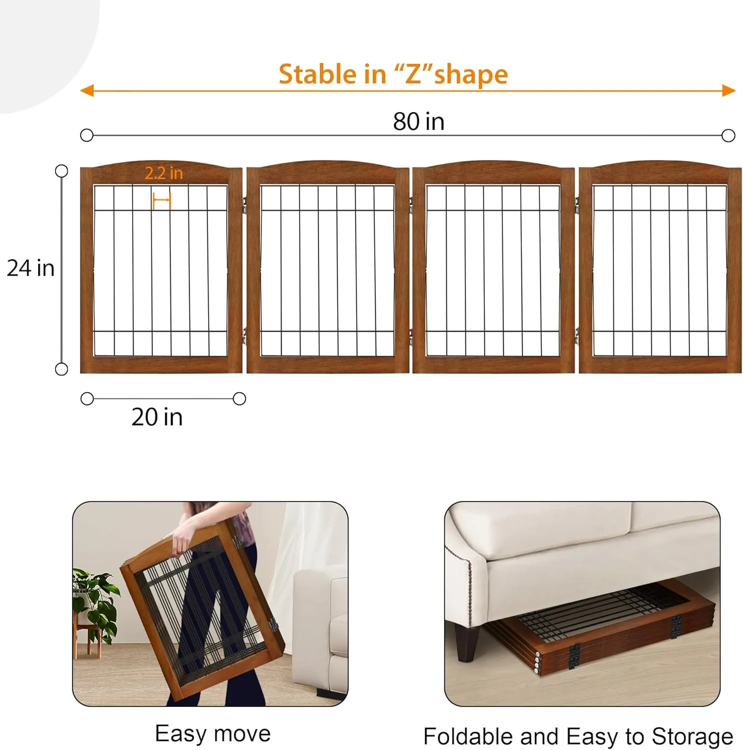 LZRS 4-Panel Extra-Wide Wooden Freestanding Dog Gate: Foldable Solid Wood and Steel Wire Chew Resistant Safety Barrier for Doorways, Stairs, and Large Open Spaces Indoor Use, Cherry