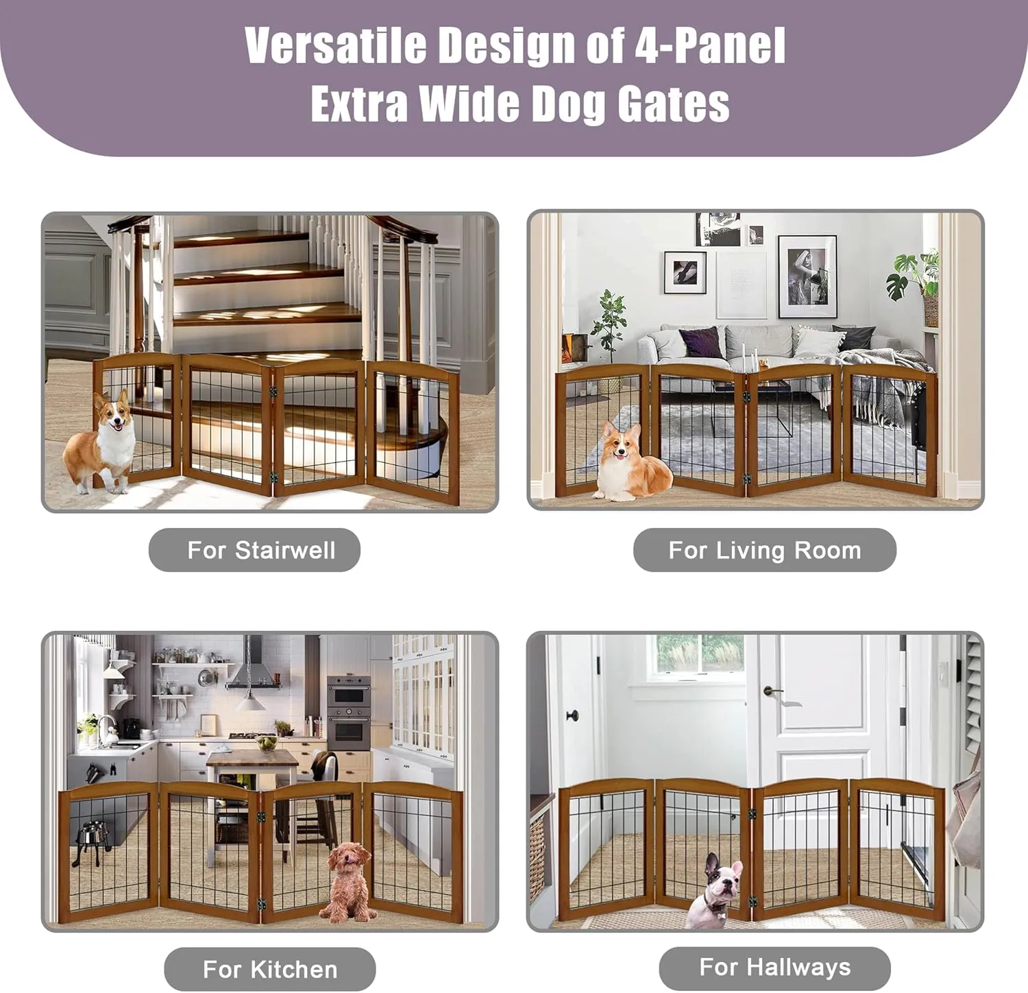 LZRS 4-Panel Extra-Wide Wooden Freestanding Dog Gate: Foldable Solid Wood and Steel Wire Chew Resistant Safety Barrier for Doorways, Stairs, and Large Open Spaces Indoor Use, Cherry