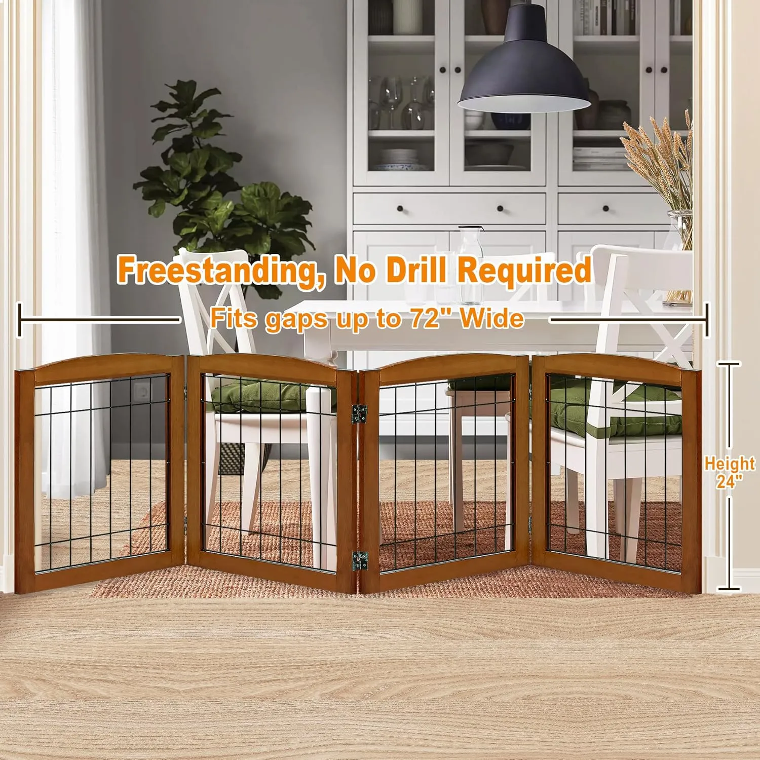 LZRS 4-Panel Extra-Wide Wooden Freestanding Dog Gate: Foldable Solid Wood and Steel Wire Chew Resistant Safety Barrier for Doorways, Stairs, and Large Open Spaces Indoor Use, Cherry