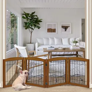 LZRS 4-Panel Extra-Wide Wooden Freestanding Dog Gate: Foldable Solid Wood and Steel Wire Chew Resistant Safety Barrier for Doorways, Stairs, and Large Open Spaces Indoor Use, Cherry