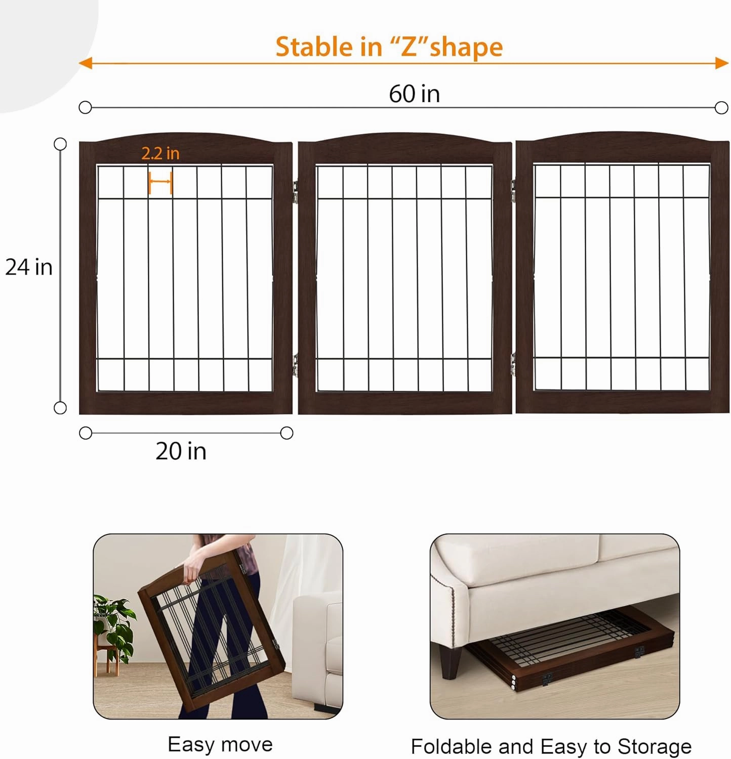 LZRS 3-Panel Freestanding Foldable Wooden Dog Gate –Solid Wood & Steel Wire Chew-Resistant Indoor Safety Pet Fence for Doorways & Stairs, Ideal for Small to Medium Dogs & Puppies, Walnut