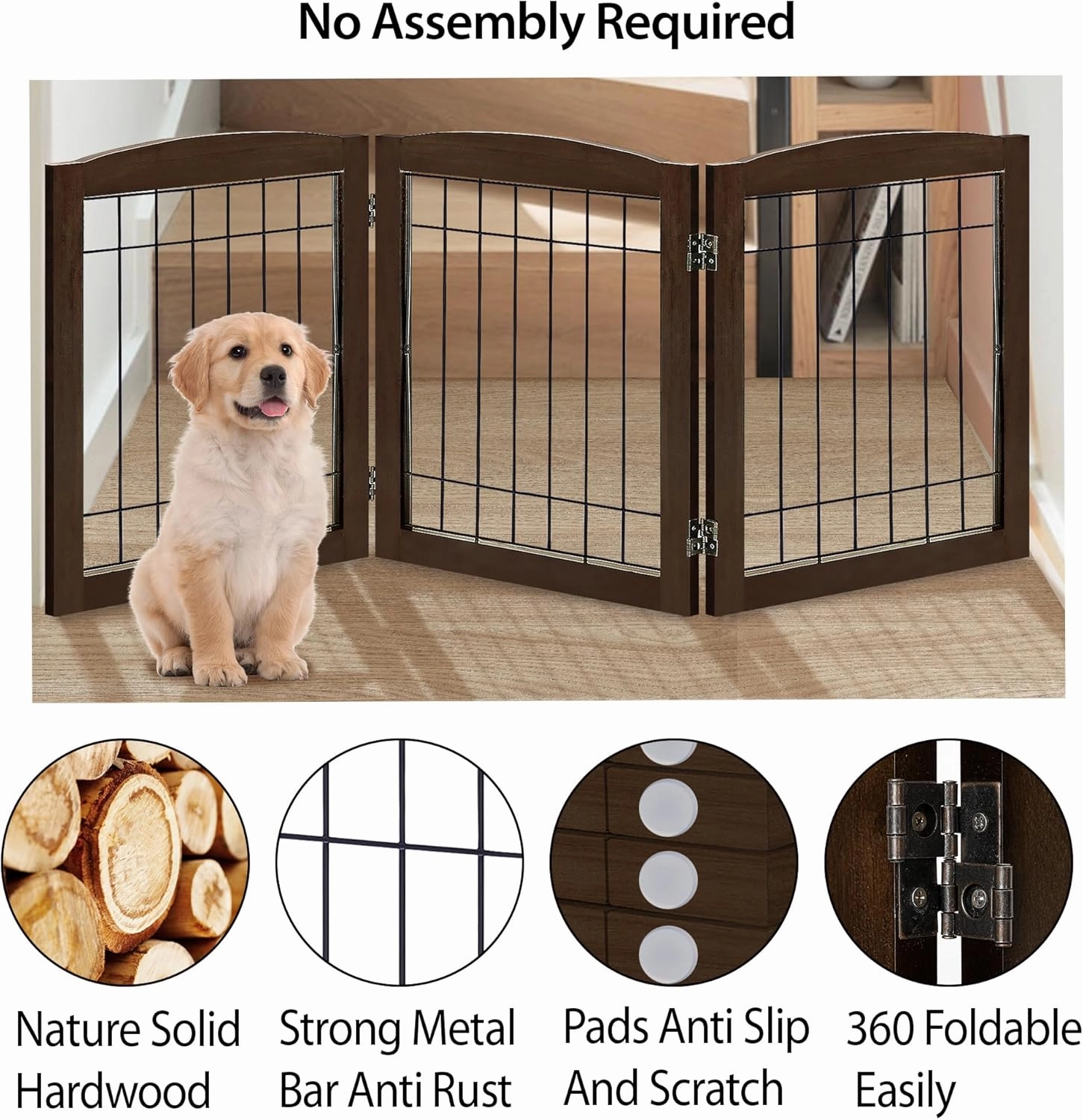 LZRS 3-Panel Freestanding Foldable Wooden Dog Gate –Solid Wood & Steel Wire Chew-Resistant Indoor Safety Pet Fence for Doorways & Stairs, Ideal for Small to Medium Dogs & Puppies, Walnut