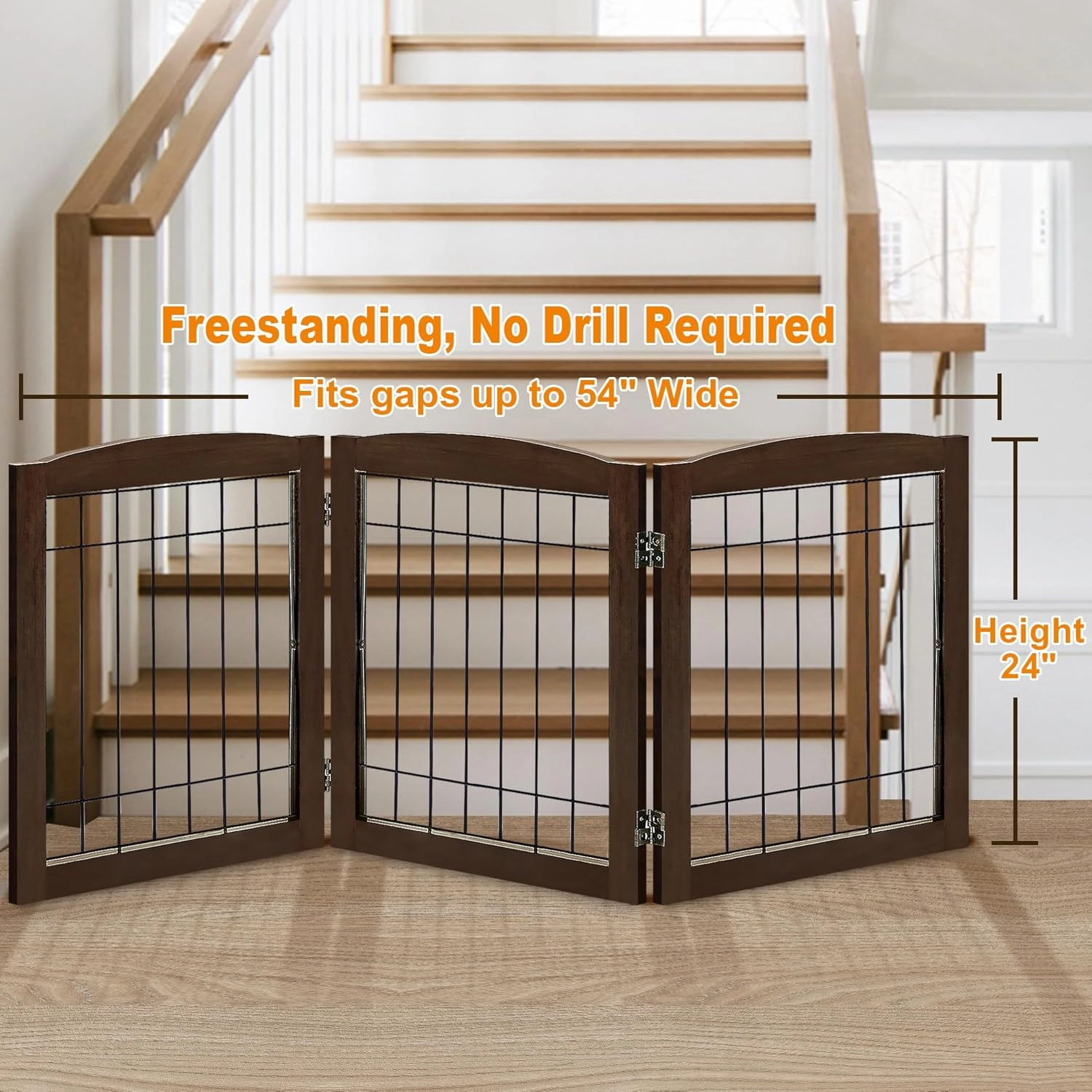 LZRS 3-Panel Freestanding Foldable Wooden Dog Gate –Solid Wood & Steel Wire Chew-Resistant Indoor Safety Pet Fence for Doorways & Stairs, Ideal for Small to Medium Dogs & Puppies, Walnut