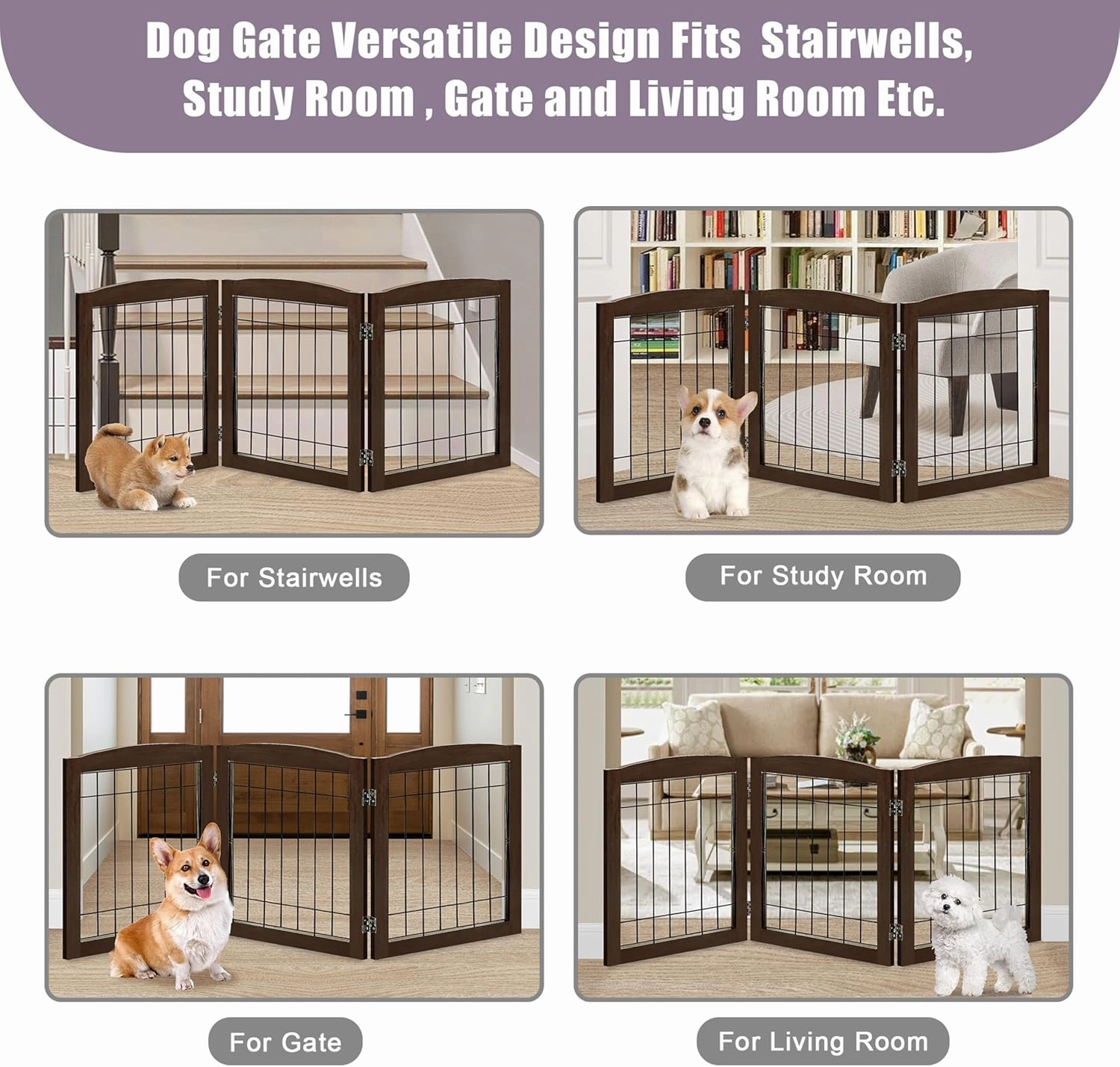 LZRS 3-Panel Freestanding Foldable Wooden Dog Gate –Solid Wood & Steel Wire Chew-Resistant Indoor Safety Pet Fence for Doorways & Stairs, Ideal for Small to Medium Dogs & Puppies, Walnut