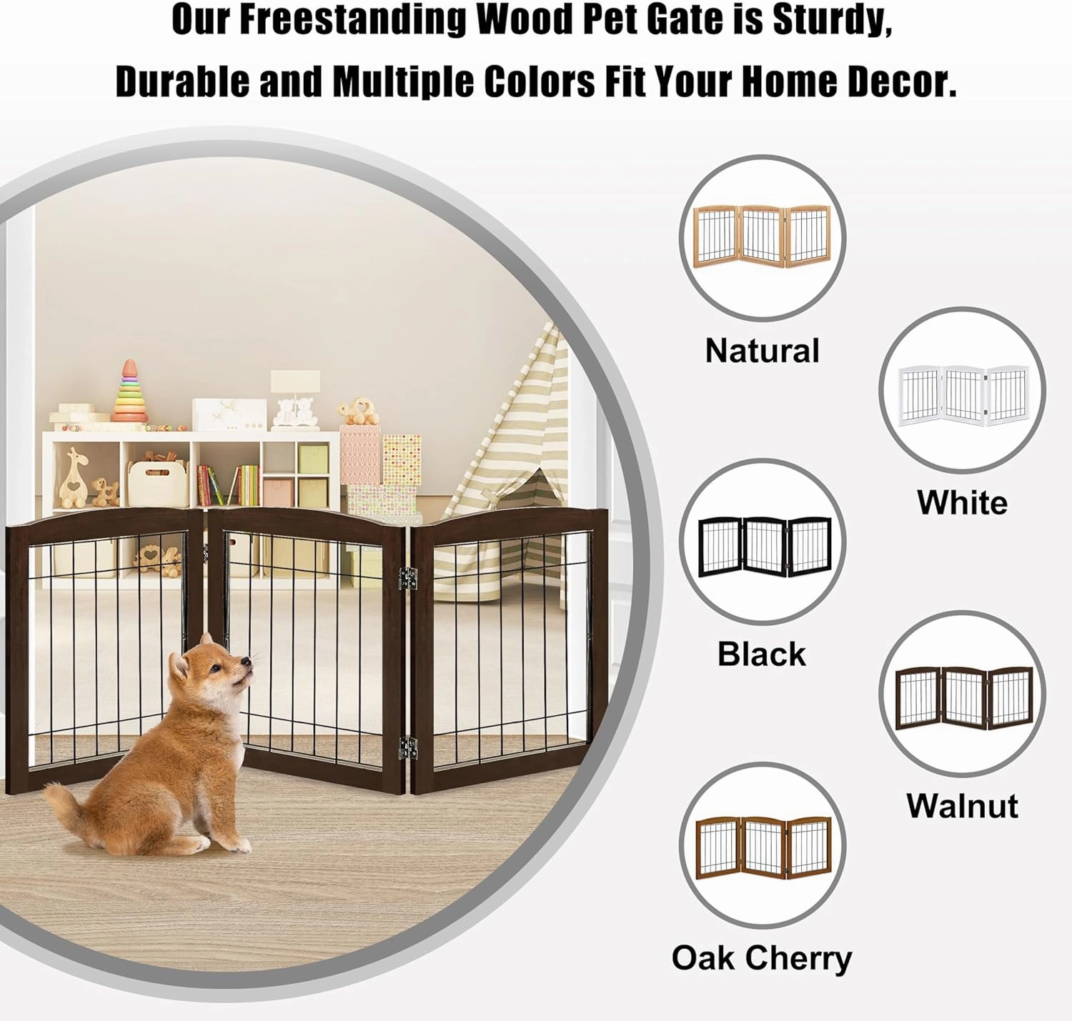 LZRS 3-Panel Freestanding Foldable Wooden Dog Gate –Solid Wood & Steel Wire Chew-Resistant Indoor Safety Pet Fence for Doorways & Stairs, Ideal for Small to Medium Dogs & Puppies, Walnut