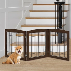 LZRS 3-Panel Freestanding Foldable Wooden Dog Gate –Solid Wood & Steel Wire Chew-Resistant Indoor Safety Pet Fence for Doorways & Stairs, Ideal for Small to Medium Dogs & Puppies, Walnut