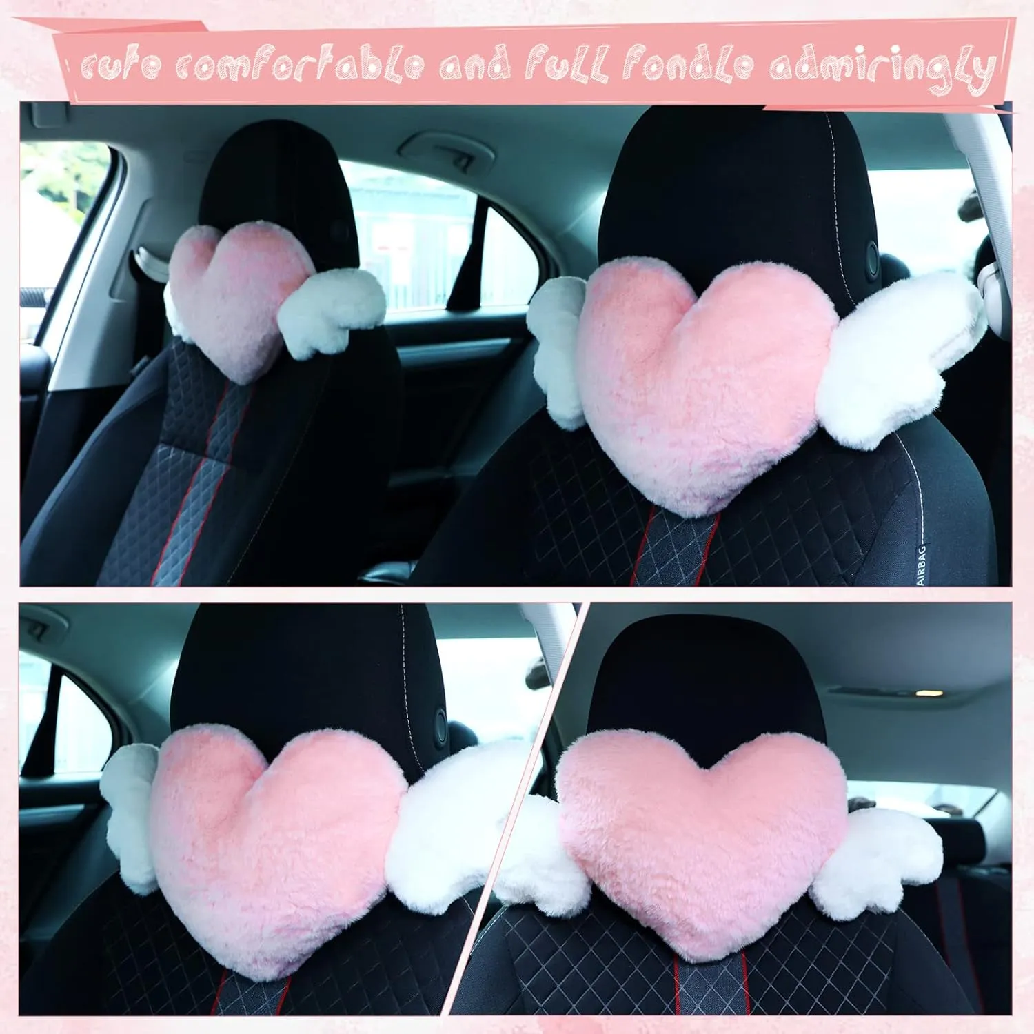 Macarrie 2 Pcs Plush Heart Shaped Pillow with Angel Wings Car Headrest Soft Comfortable Car Seat Pillow for Driving Travelling Room Office Car Decor, 19.7 x 8.3 Inch(Pink)
